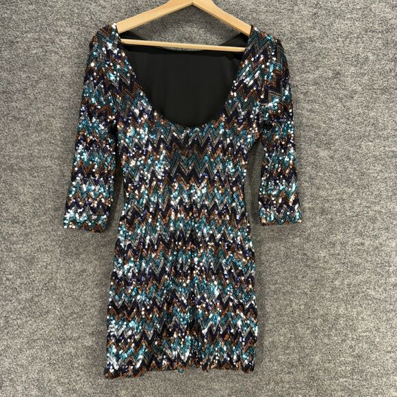 Love Reign Dress Women M Medium Blue Striped Sheath Short Sequin Lined Casual - Picture 2 of 7